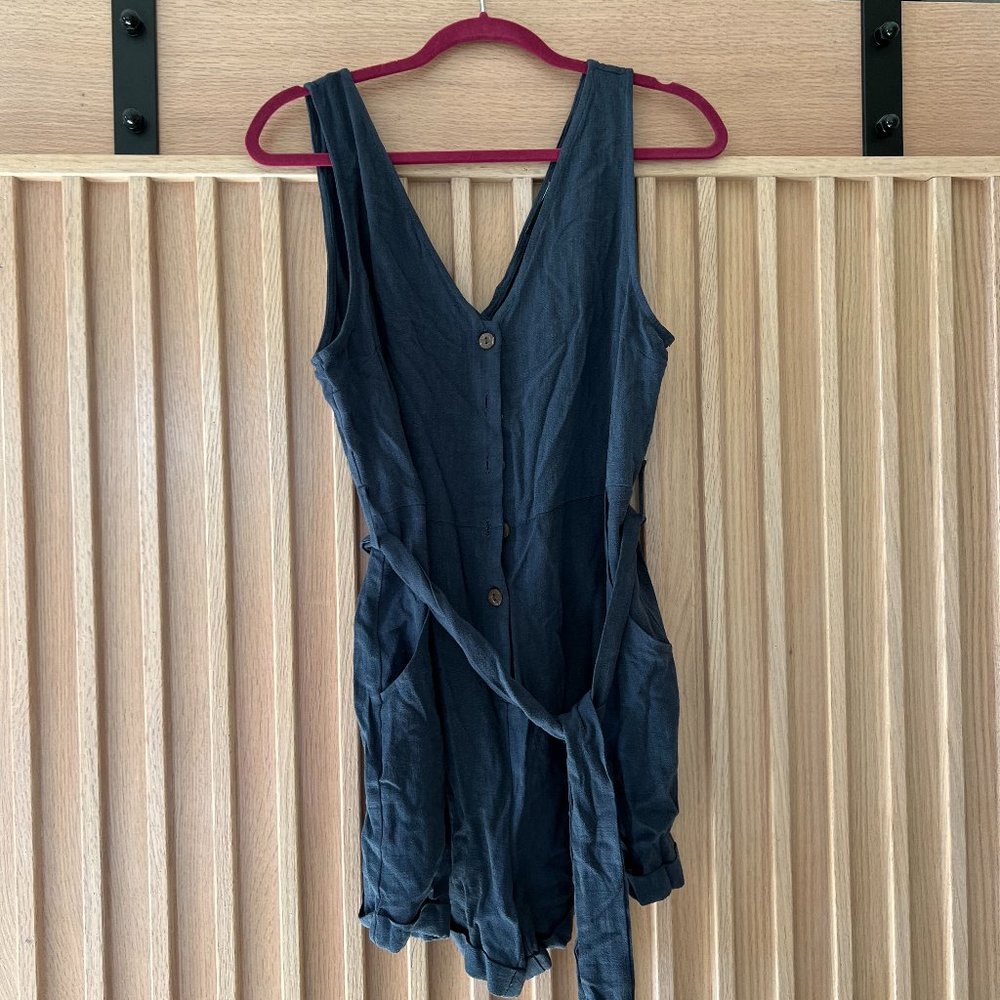 Vici Garner Pocketed Button Down Tie Romper Blue Women's Size L
